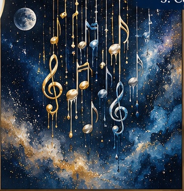 Golden windchime artwork with musical notes and dripping paint