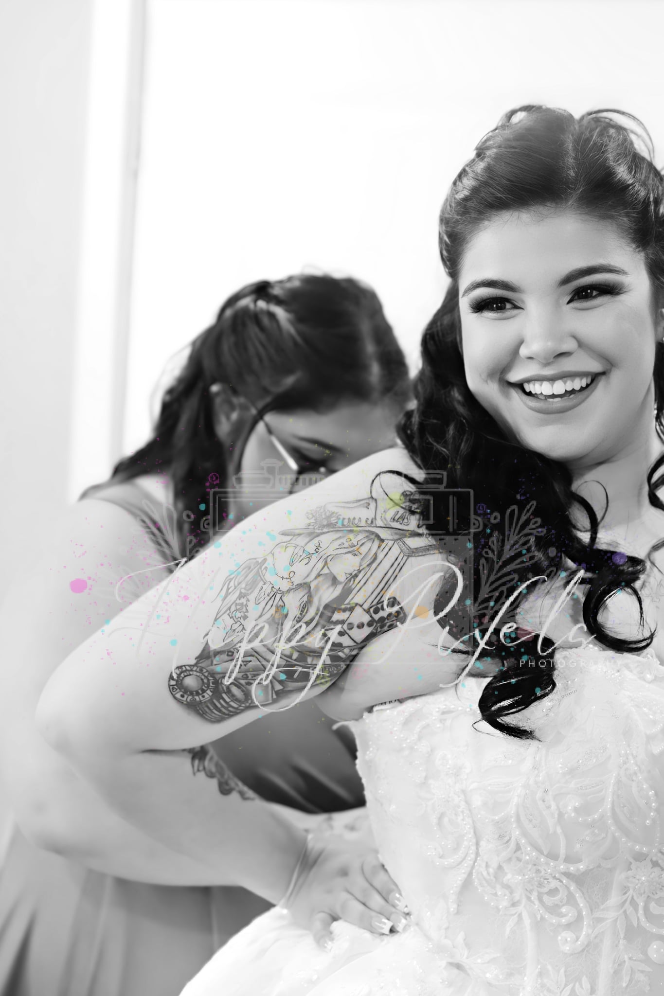 Black and white portrait of a bride with her guest