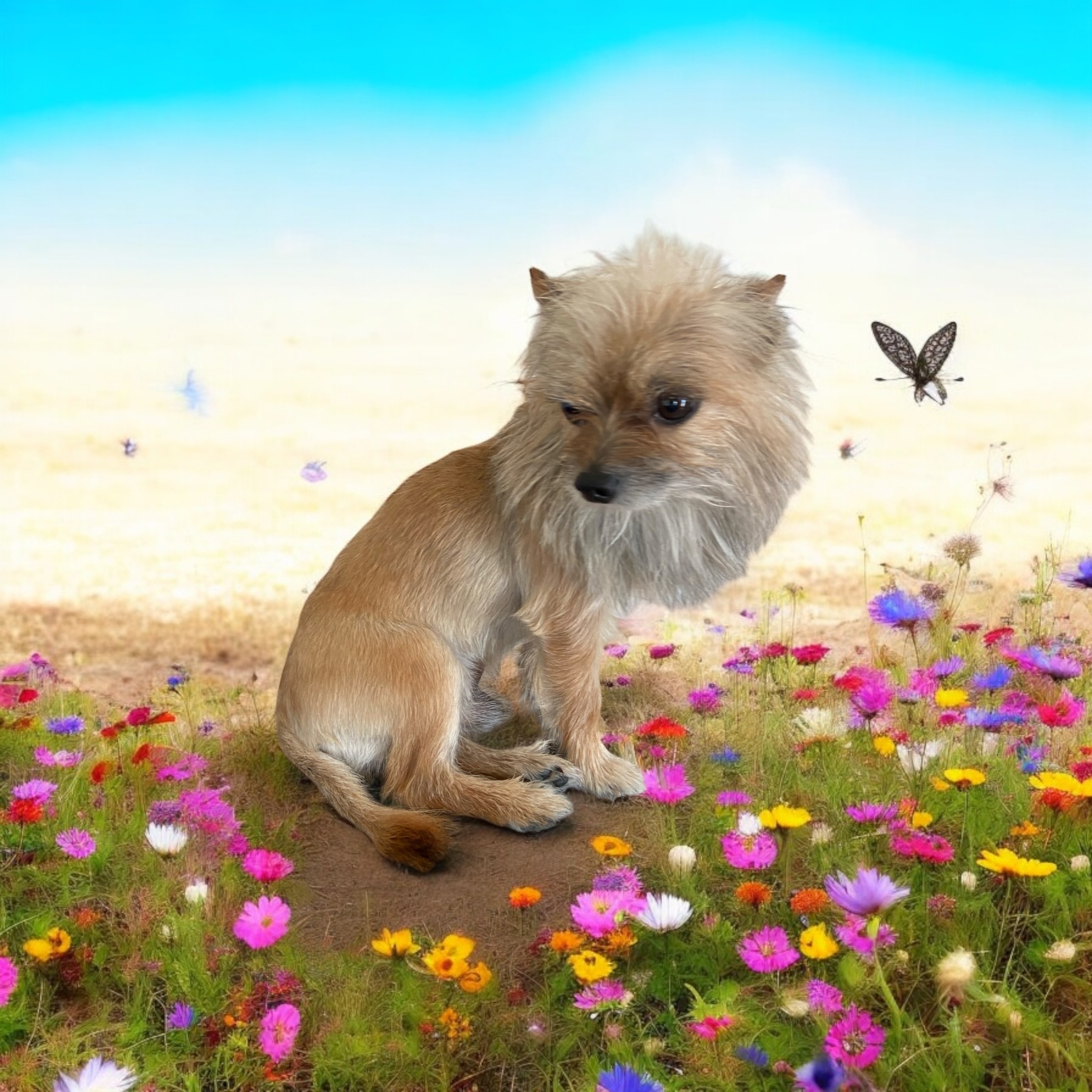 Happy freshly groomed dog in a wildflower field
