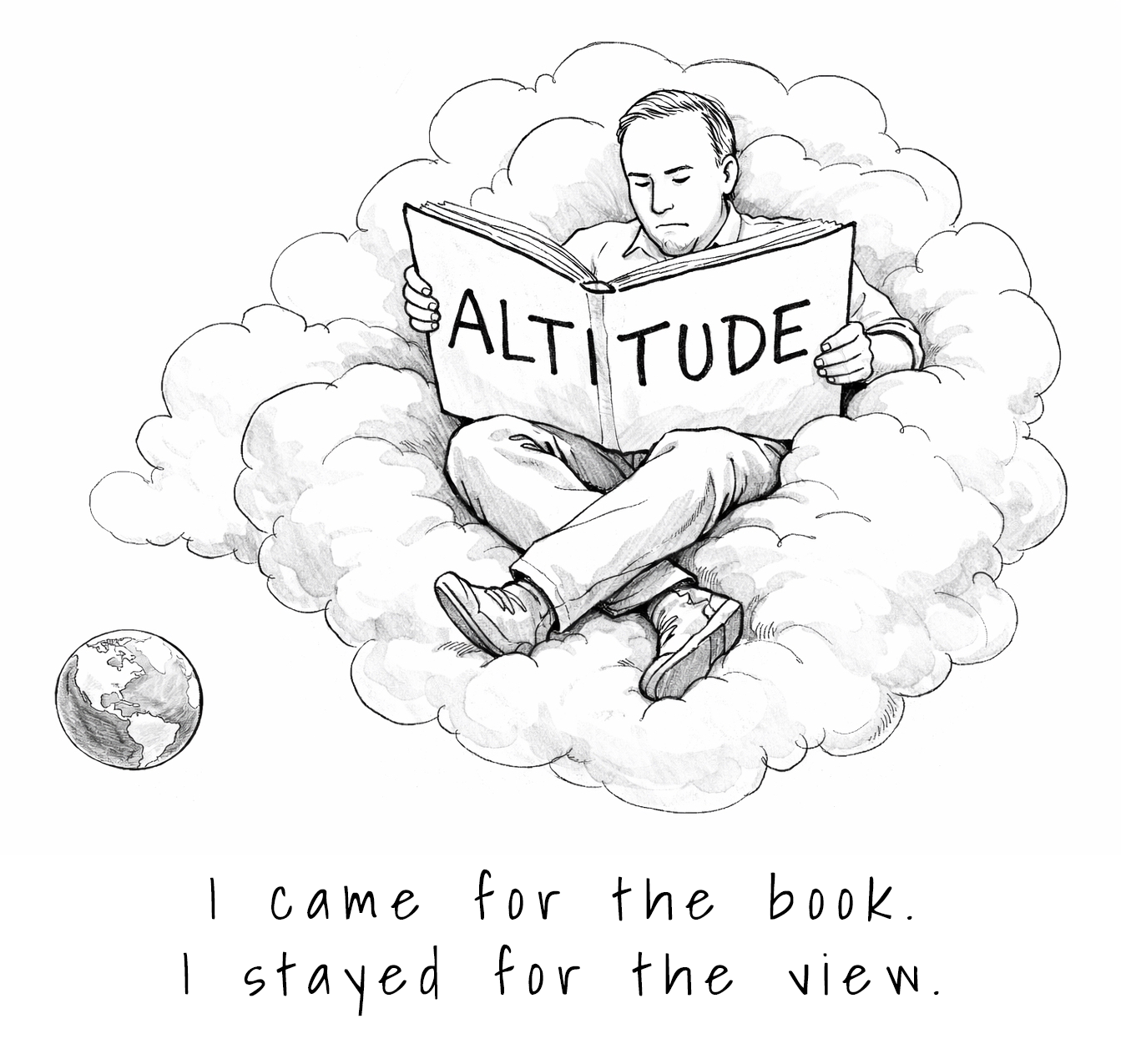 Pen drawing of a reader sitting on a cloud above the earth holding a book titled ALTITUDE