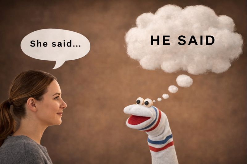 A woman in conversation with a sock puppet, captioned 'She said…' and 'HE SAID'