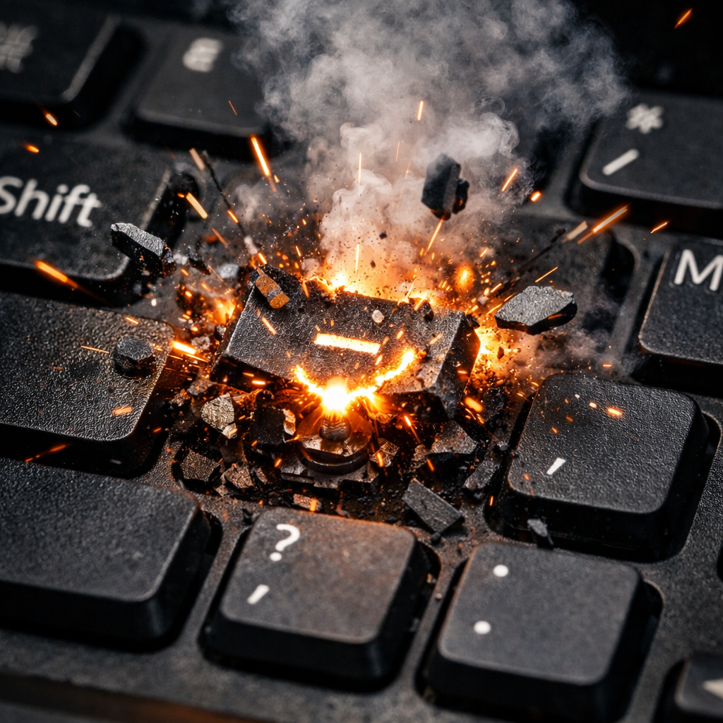 Macro photograph of a keyboard key bursting into sparks