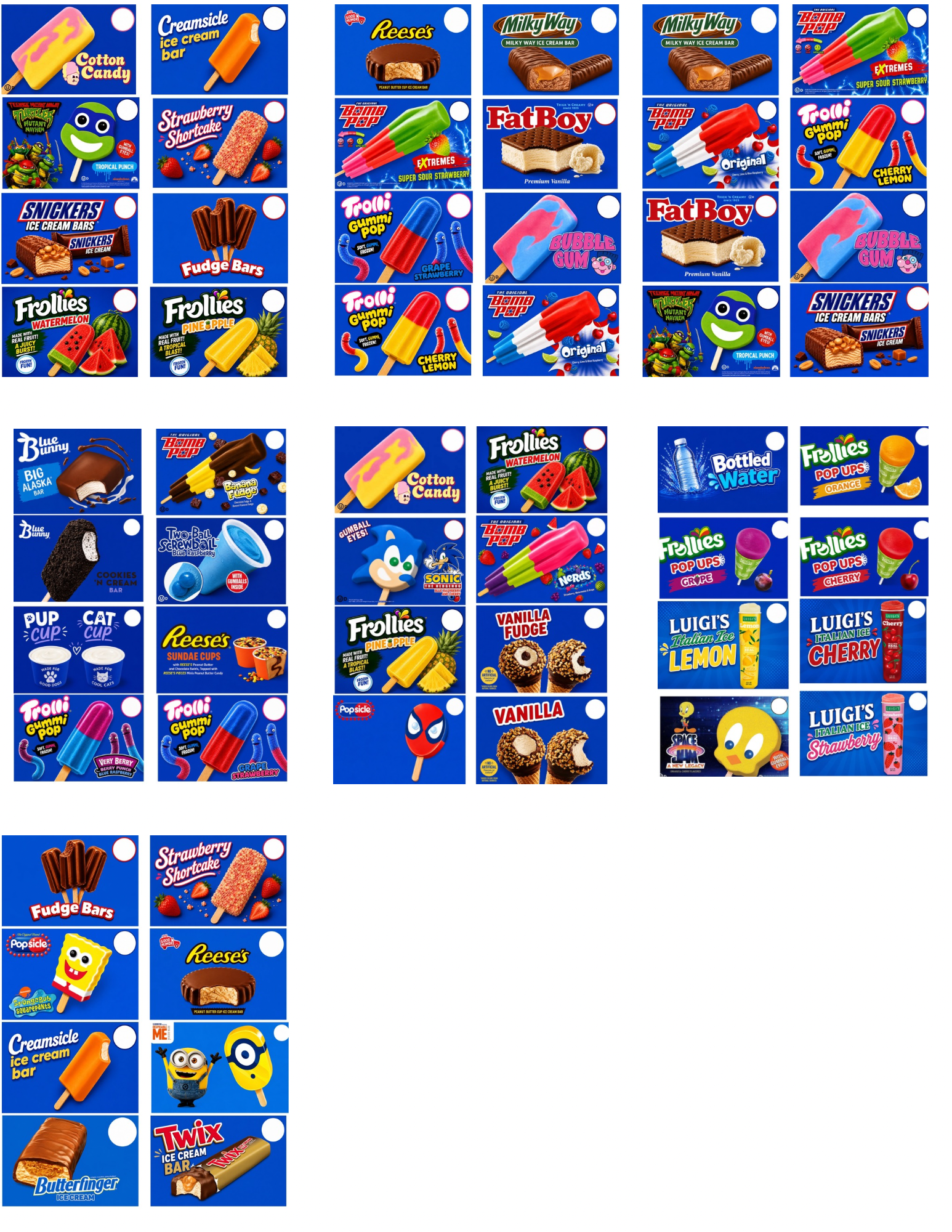 Menu of packaged ice cream and frozen treats