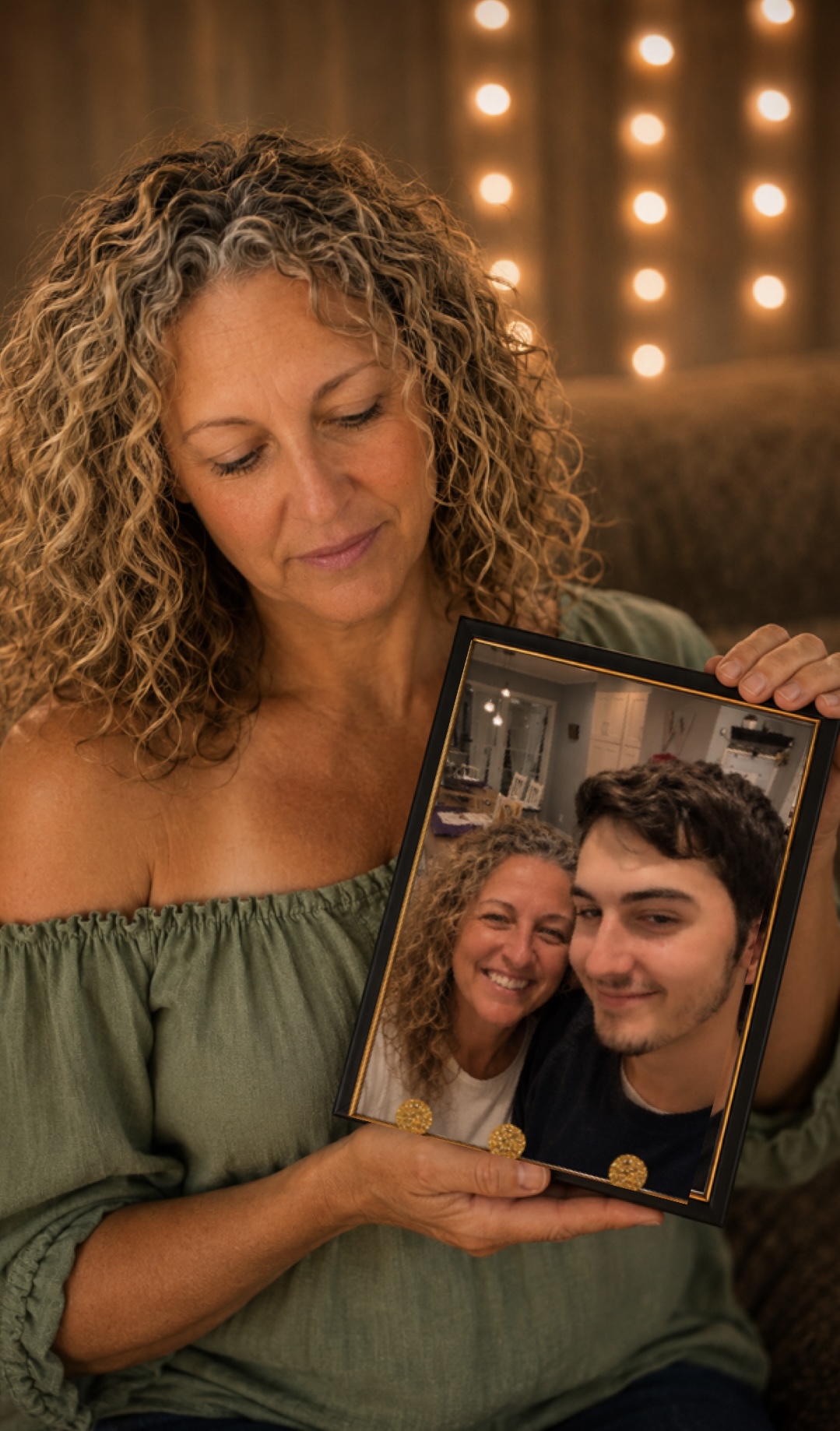 Stephani holding a photo of Ethan