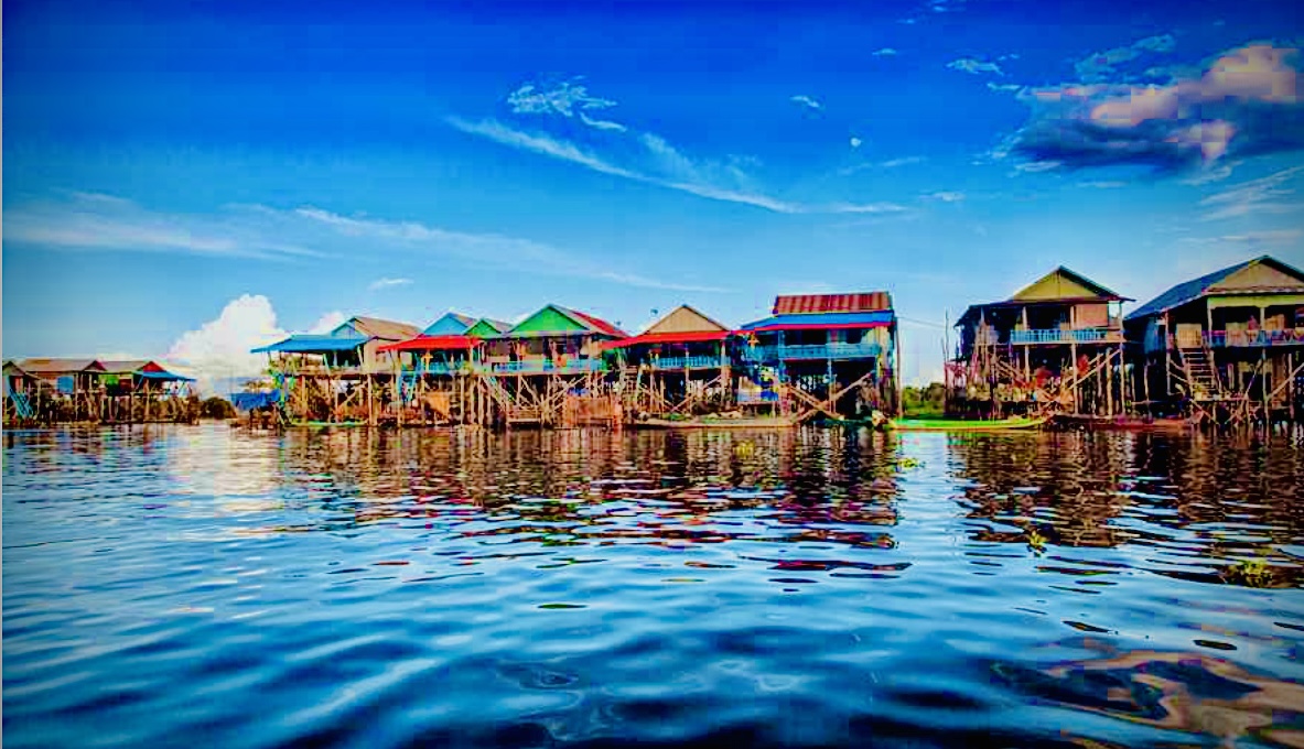 Colorful floating village houses on Tonle Sap Lake