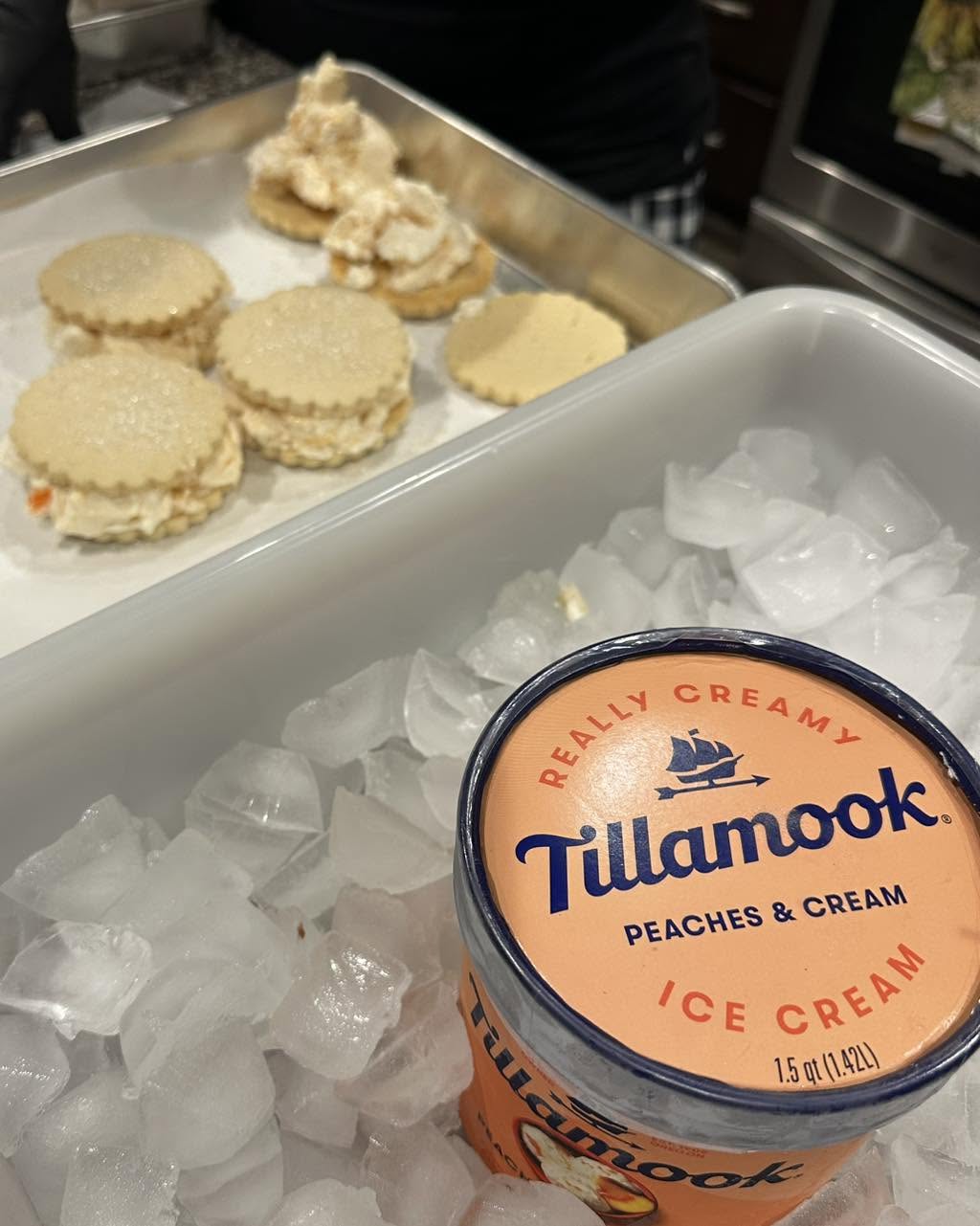 Tillamook ice cream beside prepared cookie sandwiches