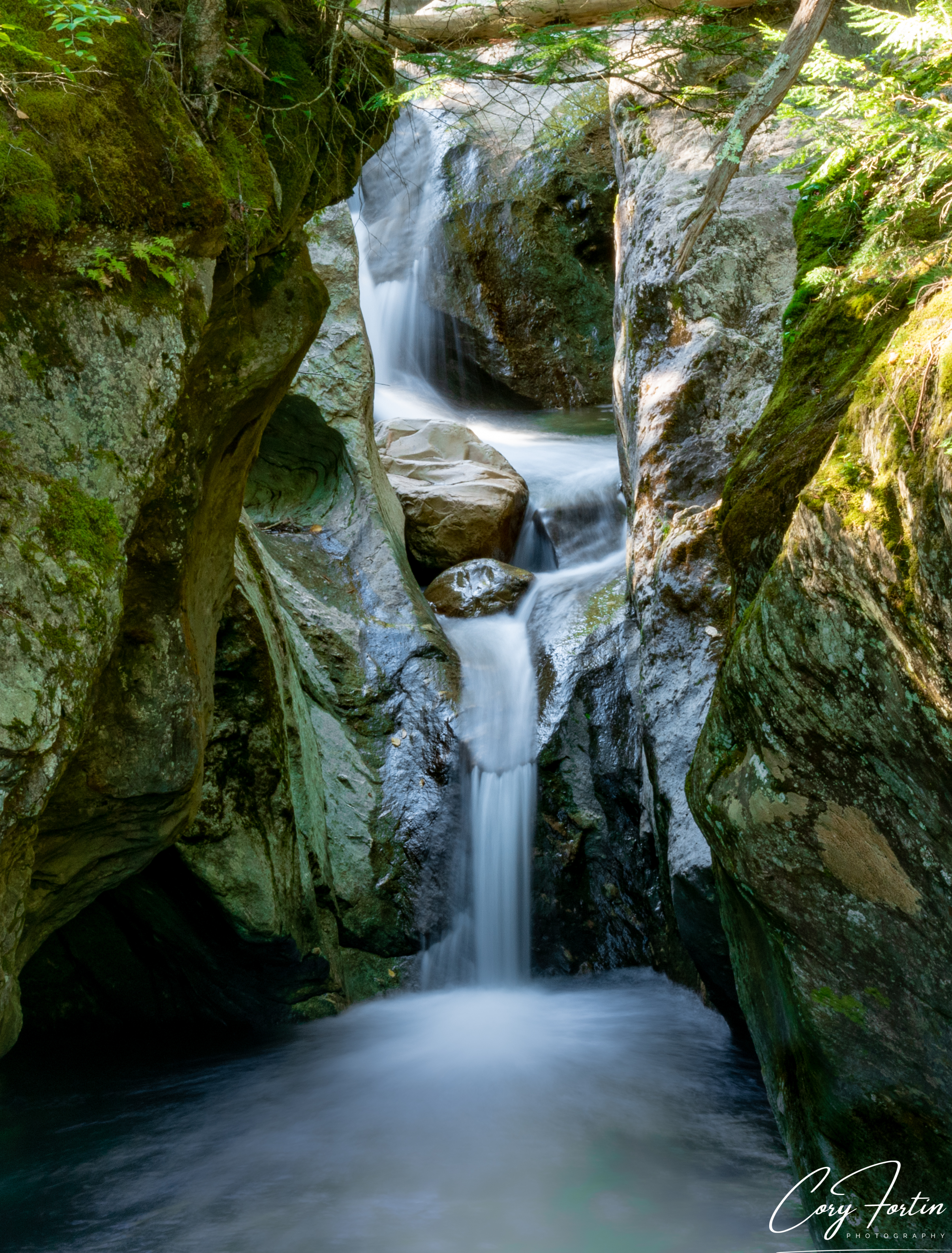 Long exposure waterfall captured in a mossy gorge