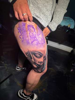 Fine line black and grey tattoo work